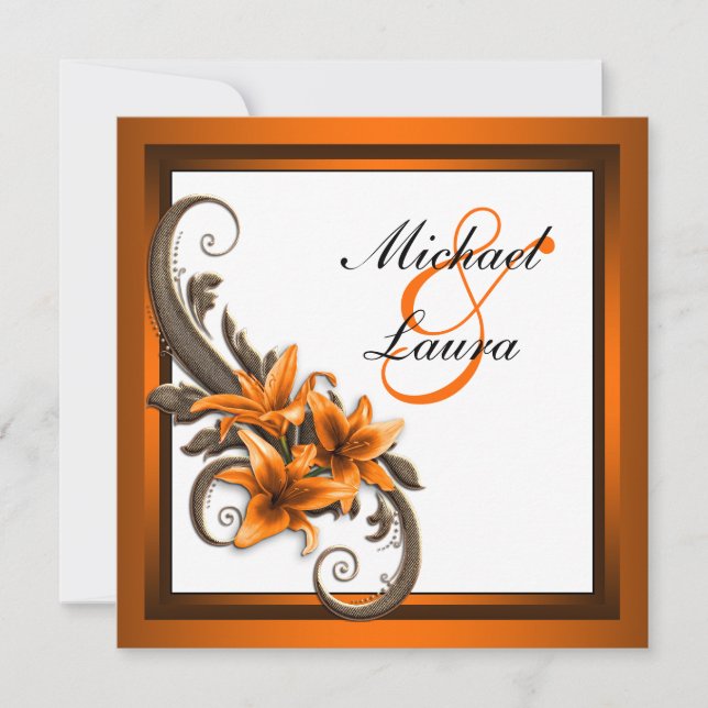 Invitación Elegante Boda de Lirio Asiático Negro y Naranja (Anverso)