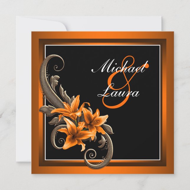 Invitación Elegante Boda de Lirio Asiático Negro y Naranja (Anverso)