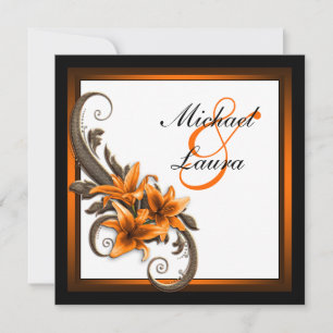 Invitación Elegante Boda de Lirio Asiático Negro y Naranja