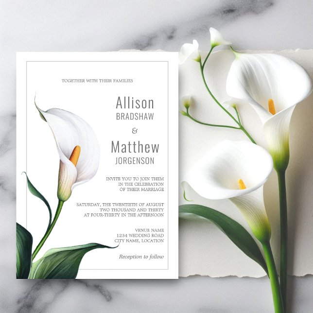 Invitación Elegante Boda de Lirio de Calla Blanca de Marfil (Elegant white ivory calla lily wedding invitation front view.)