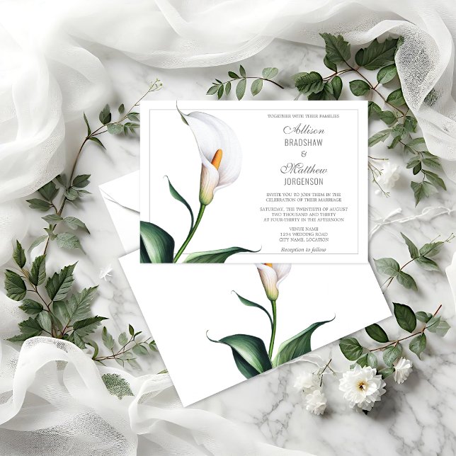 Invitación Elegante Boda de Lirio de Calla Blanca de Marfil (Elegant Ivory White Calla Lily wedding invitation front and back view.)