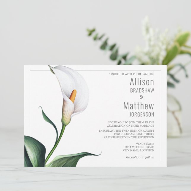 Invitación Elegante Boda de Lirio de Calla Blanca de Marfil (Anverso de pie)