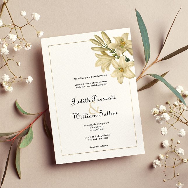 Invitación Elegante boda de lirio floral de oro blanco boho (Elegant boho white gold floral lily wedding)