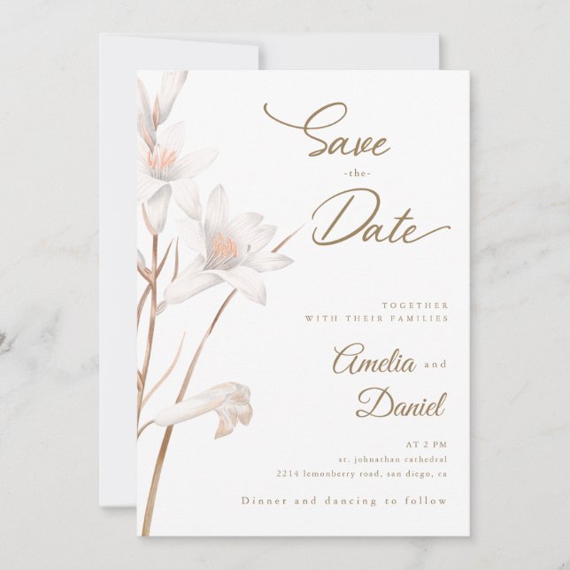 Invitación Elegante boda de lirios blancos Salven la fecha (Anverso)