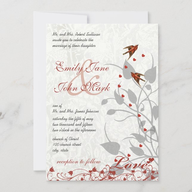 Invitación Elegante Boda de los Corazones Rojo y Gris (Anverso)