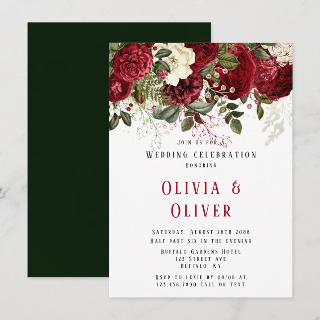 Invitación Elegante Boda de los Peonies Rojos de Ruby (Anverso / Reverso)