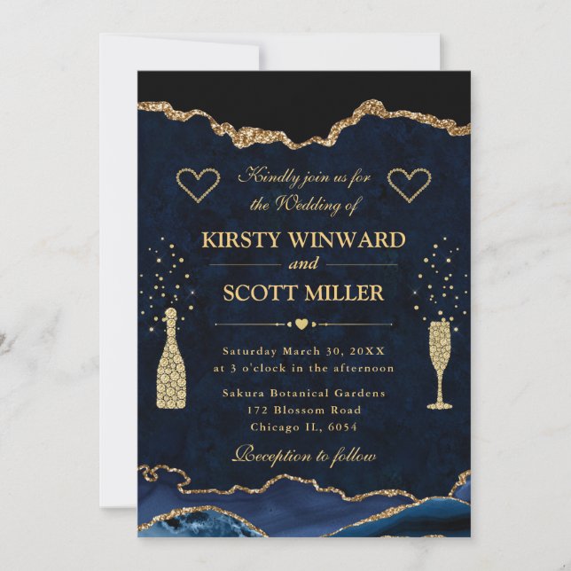 Invitación Elegante Boda de los Purpurinas Agate Blue y Gold  (Anverso)