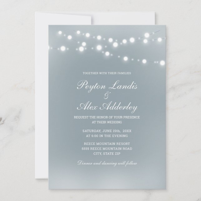 Invitación Elegante Boda de luces de cadena blanca y azul tur (Anverso)
