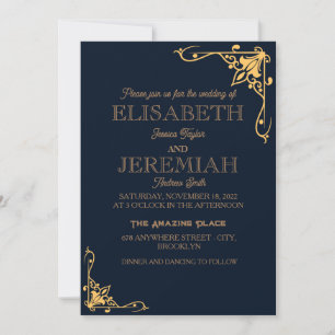 Invitación elegante boda de lujo azul dorado clásico