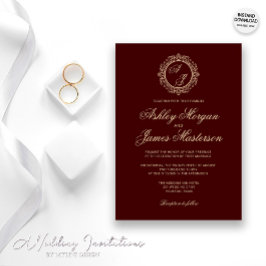 Invitación Elegante Boda de lujo dorado monograma de Borgoña