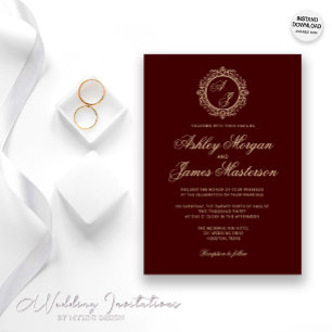Invitación Elegante Boda de lujo dorado monograma de Borgoña