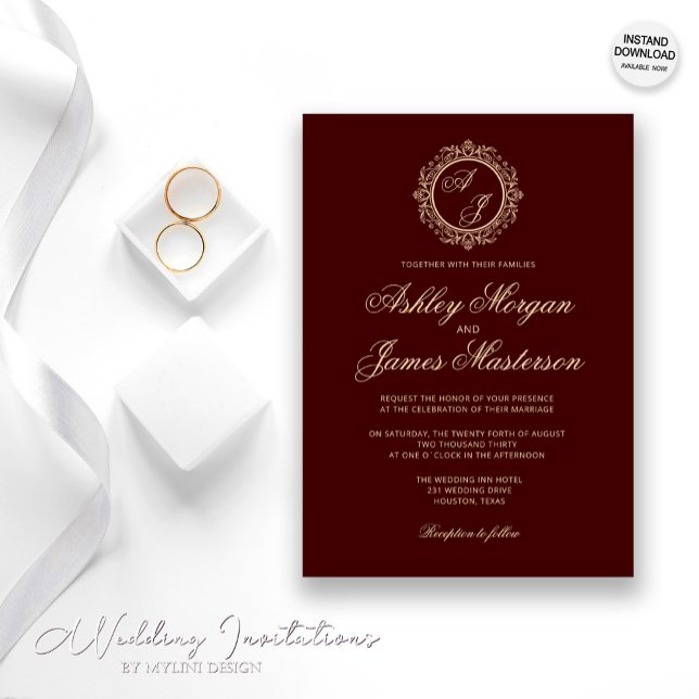Invitación Elegante Boda de lujo dorado monograma de Borgoña (Subido por el creador)