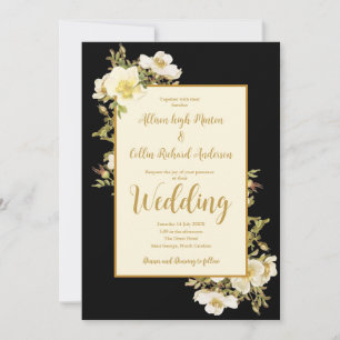 Invitación Elegante Boda de lujo floral marfil negro vintage