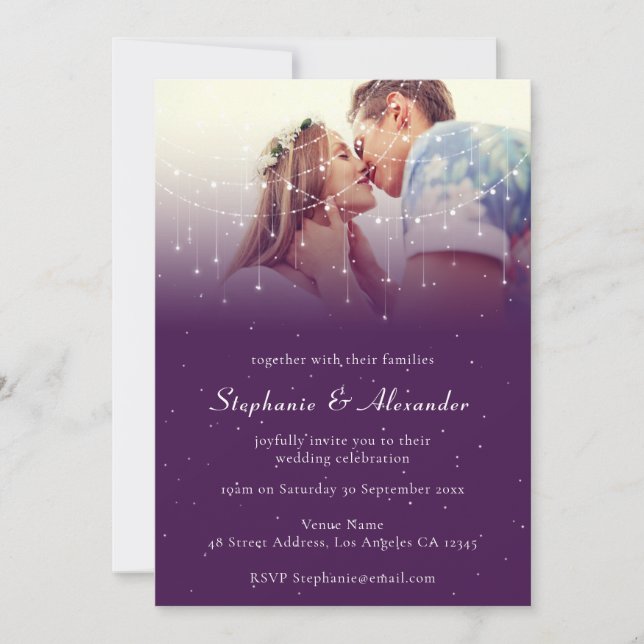 Invitación Elegante Boda de luz de cadena púrpura fotográfica (Anverso)