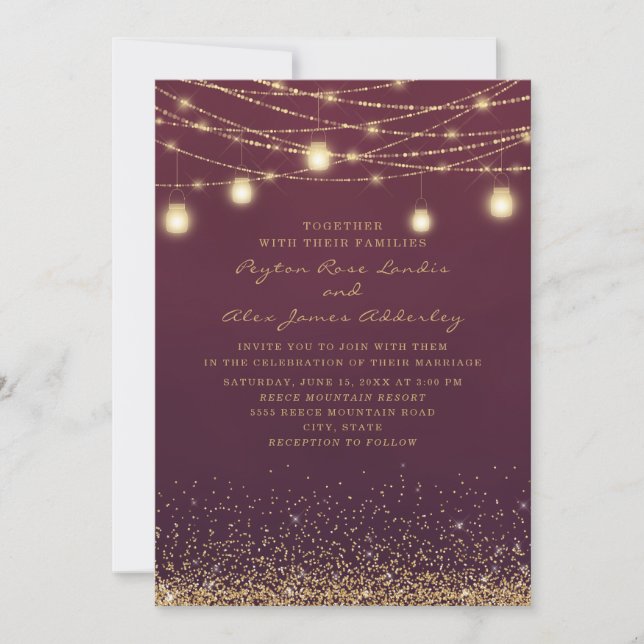 Invitación Elegante Boda de luz de cadena Purpurina de oro de (Anverso)