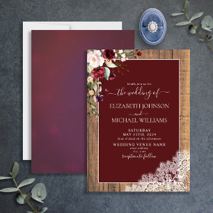 Invitación Elegante Boda de Madera Botánica Rubor Borgoña