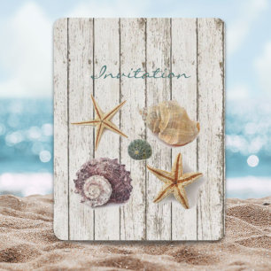 Invitación elegante boda de madera costera con conchas de mar