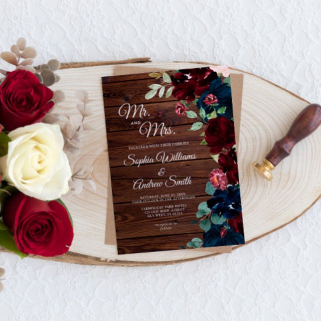 Invitación Elegante Boda de Madera de Flores Azules de Borgoñ (Subido por el creador)