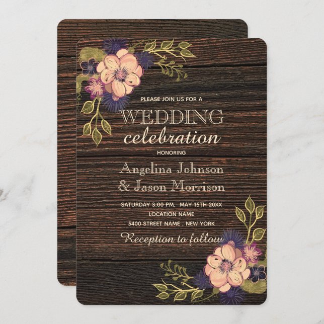 Invitación Elegante Boda de Madera Floral (Anverso / Reverso)