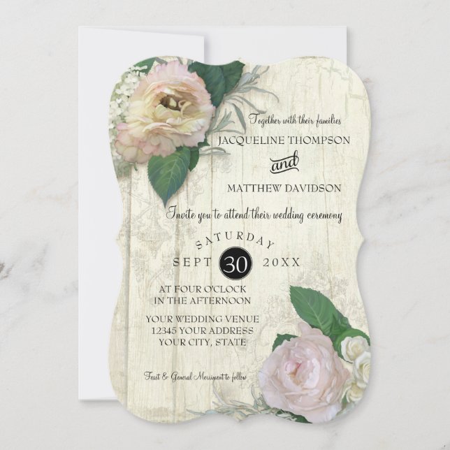Invitación Elegante Boda de Madera Floral de Bonito Vintage (Anverso)