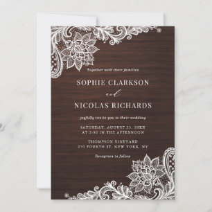 Invitación Elegante Boda de madera rústica de encaje antiguo