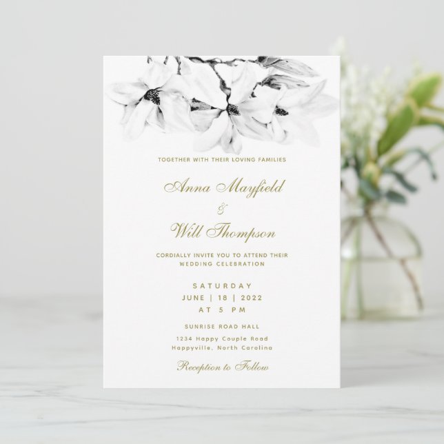 Invitación Elegante Boda de Magnolia Blanca Clásica de Oro Mo (Anverso de pie)
