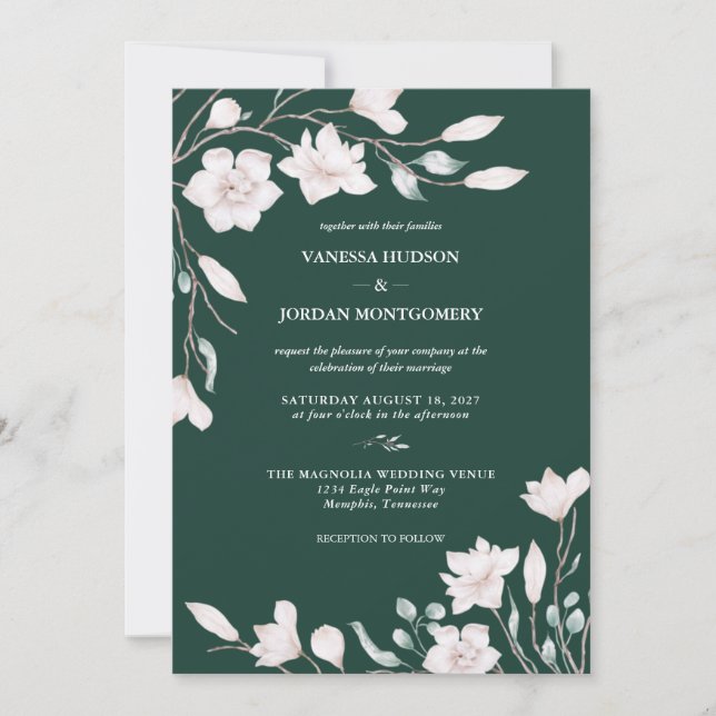 Invitación Elegante Boda de Magnolia Verde Esmeralda (Anverso)