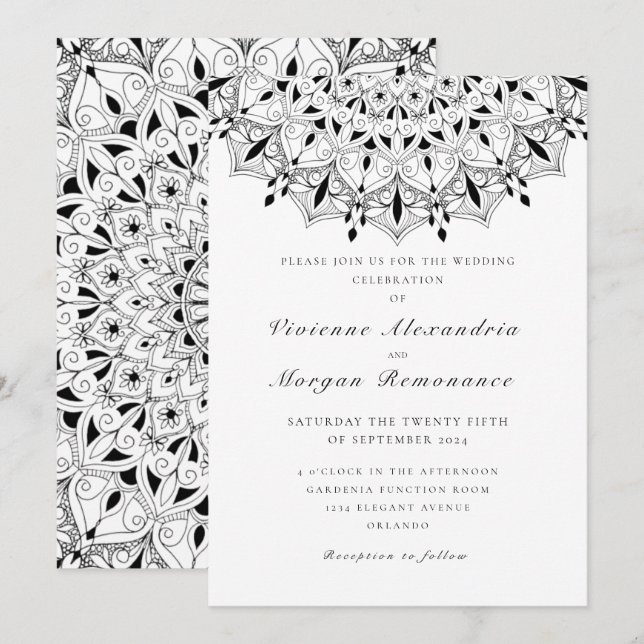 Invitación Elegante boda de Mandala blanco negro encaje (Anverso / Reverso)