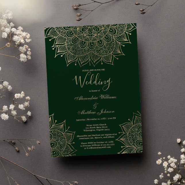 Invitación Elegante Boda de Mandala con flores de oro verde (Stylish forest green gold floral mandala Wedding)