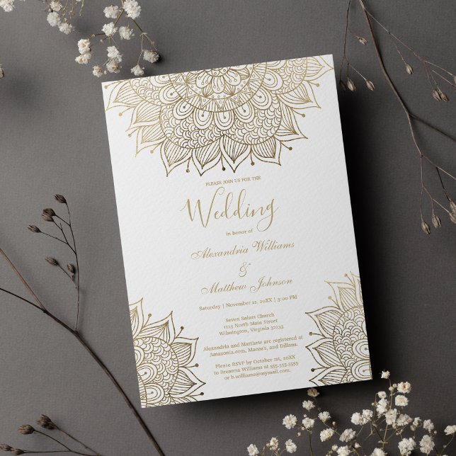 Invitación Elegante Boda de Mandala dorada de moda blanca (Elegant white chic gold floral mandala Wedding )