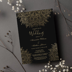 Invitación Elegante boda de mandala floral dorado negro chic