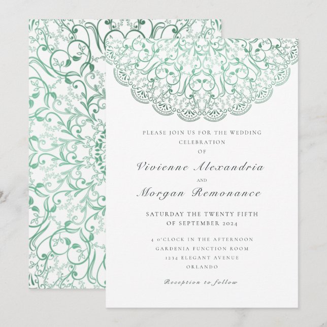 Invitación Elegante boda de Mandala verde encaje (Anverso / Reverso)