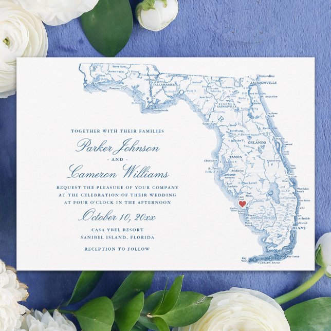 Invitación Elegante Boda de Mapa de la Isla de Sanibel en Flo (Elegant Sanibel Island Florida Wedding Invitations in navy blue from Coastal Map Designs)