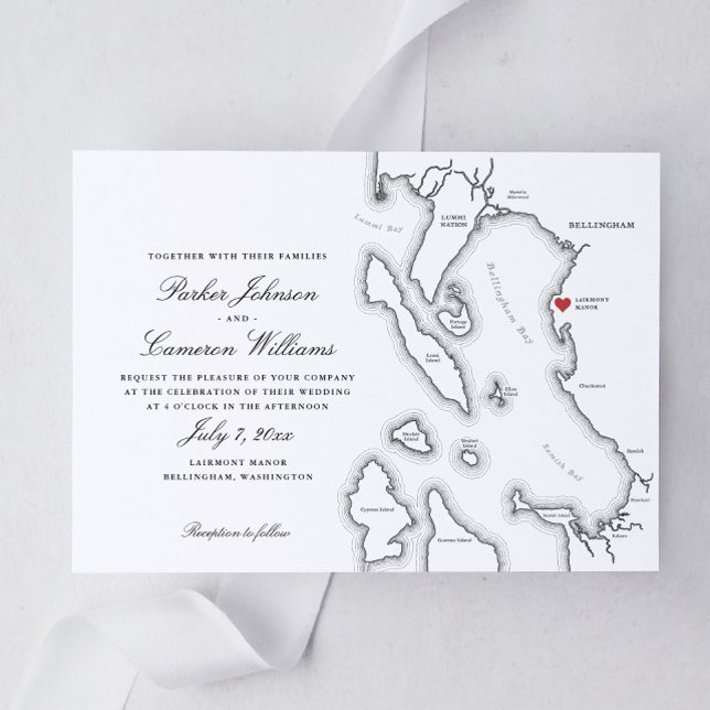 Invitación Elegante Boda de Mapa de Lairmont Manor Bellingham (Elegant Bellingham Washington Lairmont Manor Wedding Invitation in black and white)
