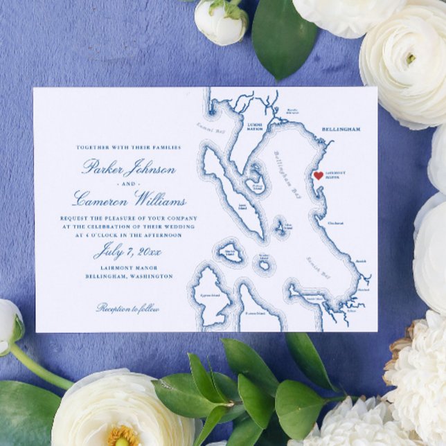 Invitación Elegante Boda de Mapa de Lairmont Manor Bellingham (Elegant Bellingham Washington Lairmont Manor Wedding Invitation in navy blue by Coastal Map Designs)