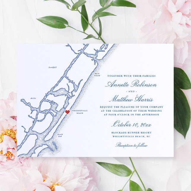Invitación Elegante Boda de Mapa de Wrightsville Beach NC (Elegant Wrightsville Beach NC Wedding Invitation with navy blue Map from Coastal Map Designs)