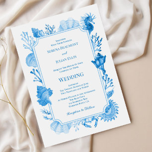 Invitación Elegante Boda de Mar Azul Costero con Concha y Cor