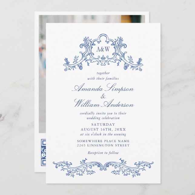 Invitación Elegante Boda de marco barroco azul ornado foto QR (Anverso / Reverso)