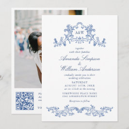 Invitación Elegante Boda de marco barroco azul ornado foto QR