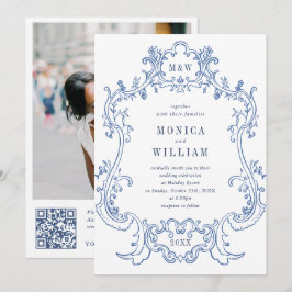 Invitación Elegante Boda de marco barroco azul ornado foto QR