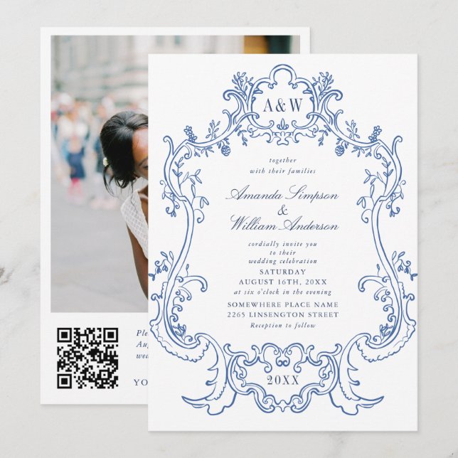 Invitación Elegante Boda de marco barroco azul ornado foto QR (Anverso / Reverso)