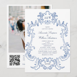 Invitación Elegante Boda de marco barroco azul ornado foto QR