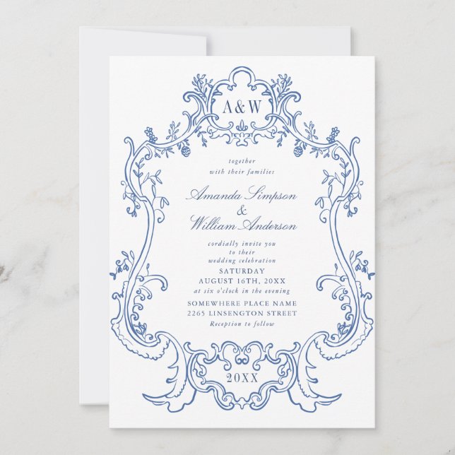 Invitación Elegante Boda de marco barroco y azul turbio (Anverso)