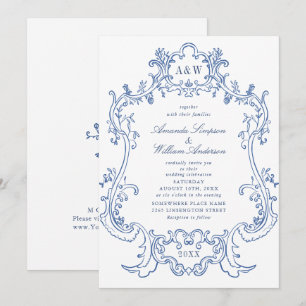 Invitación Elegante Boda de marco barroco y azul turbio