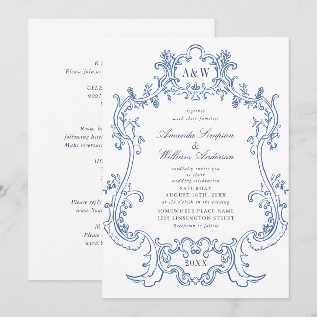 Invitación Elegante Boda de marco barroco y azul turbio (Anverso / Reverso)