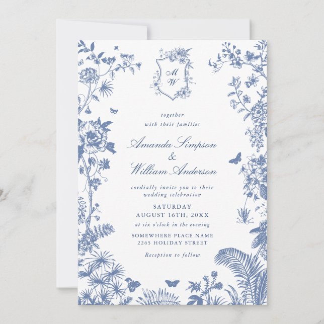 Invitación Elegante Boda de marco barroco y azul turbio (Anverso)