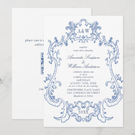 Invitación Elegante Boda de marco barroco y azul turbio