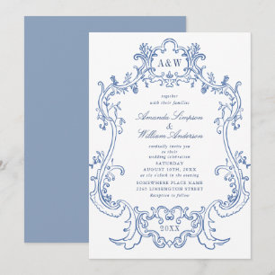 Invitación Elegante Boda de marco barroco y azul turbio
