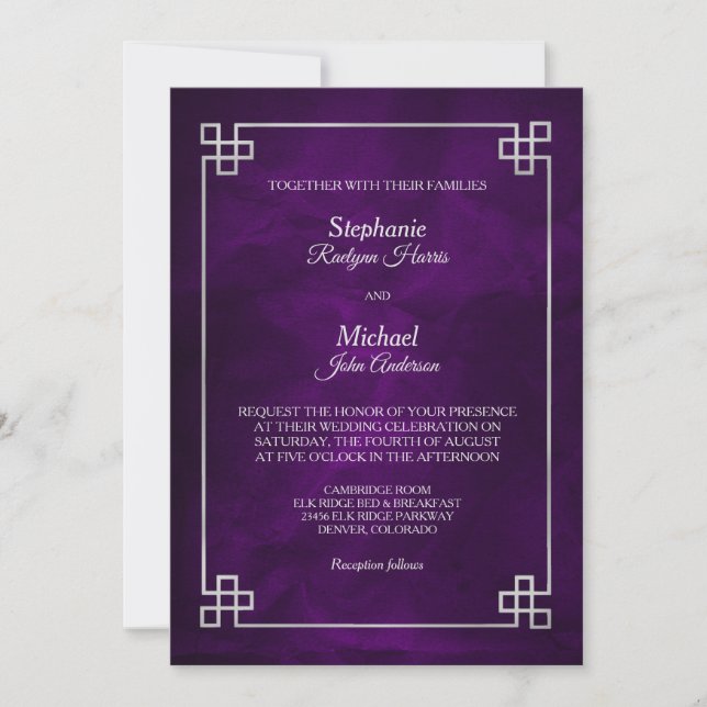 Invitación Elegante Boda de marco color púrpura plateado (Anverso)