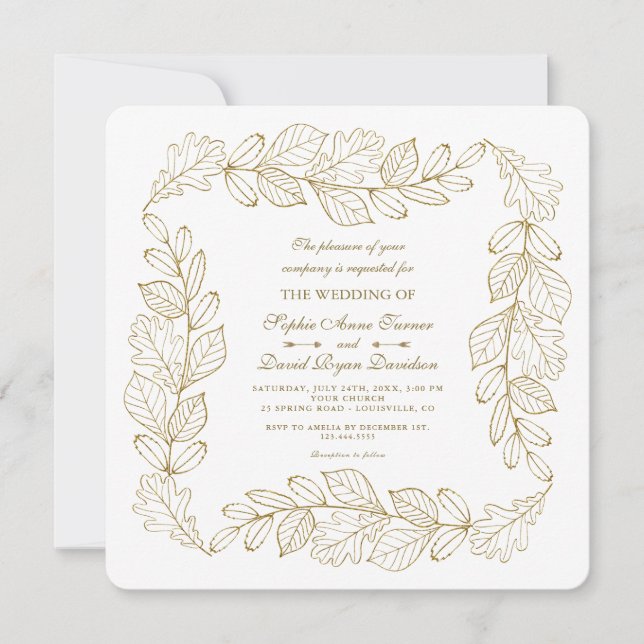 Invitación Elegante Boda de marco de cuero dorado (Anverso)